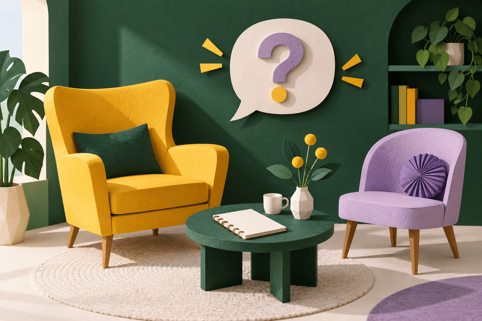 Empty yellow and lavender paper chairs facing a notebook and a question bubble