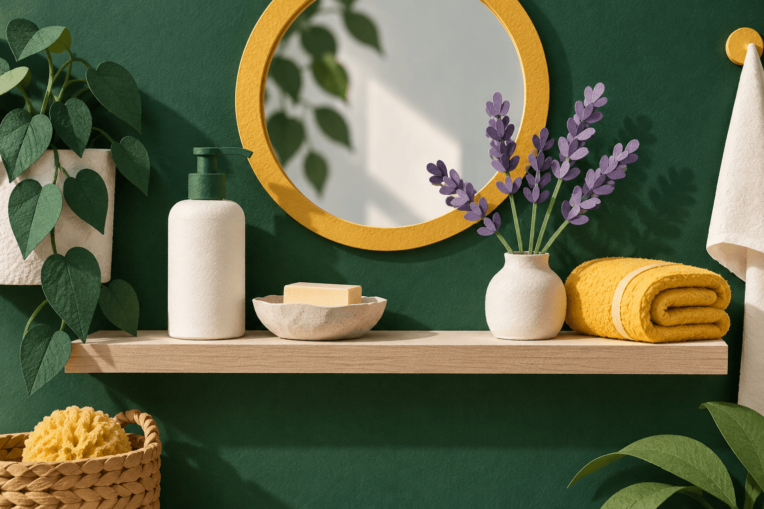 Paper bathroom shelf with a plain bottle, round mirror, yellow towel and lavender flowers